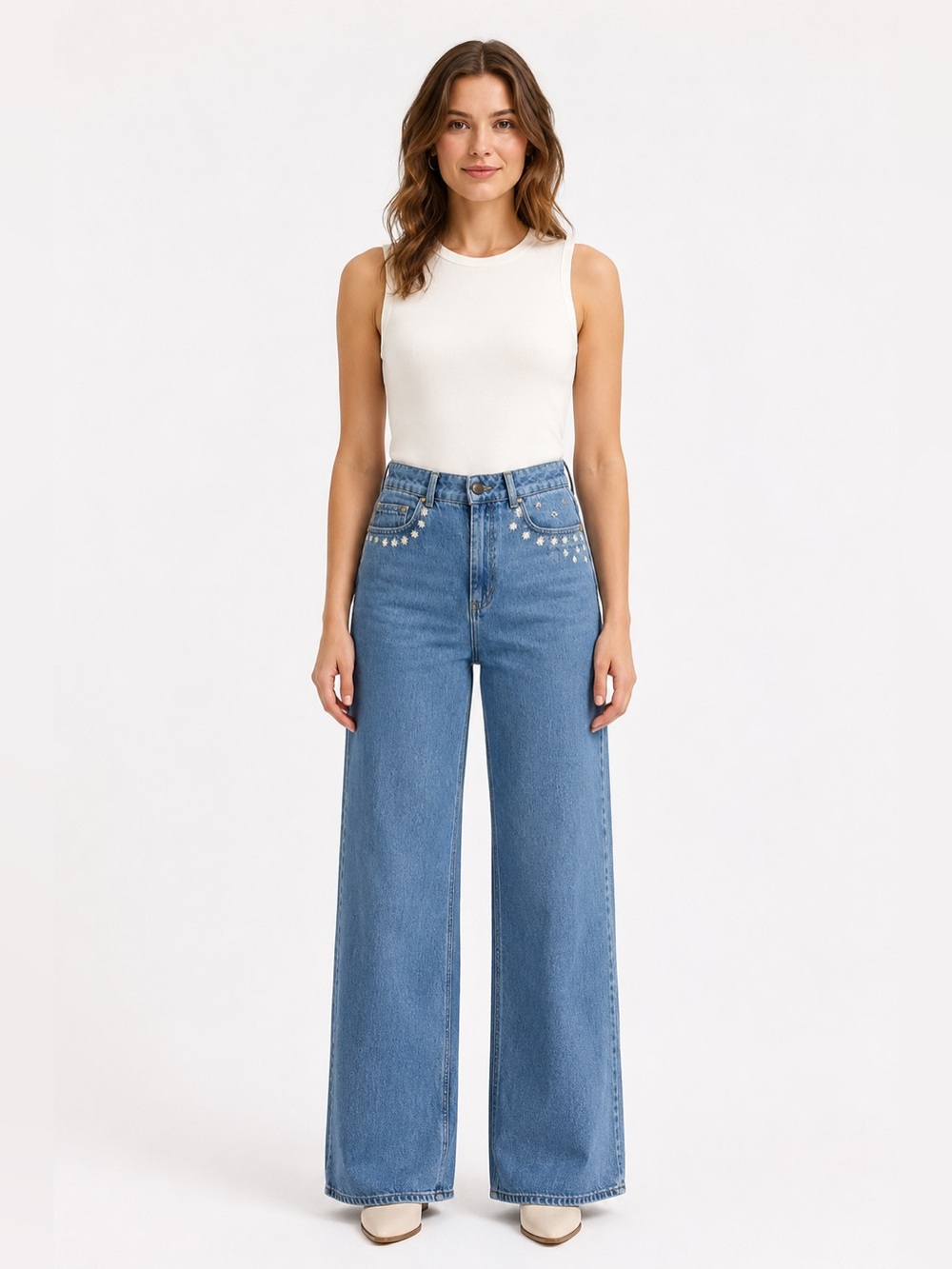 Fabienne Chapot Thea Wide Leg Floral Embroidered High-Rise Jeans W27